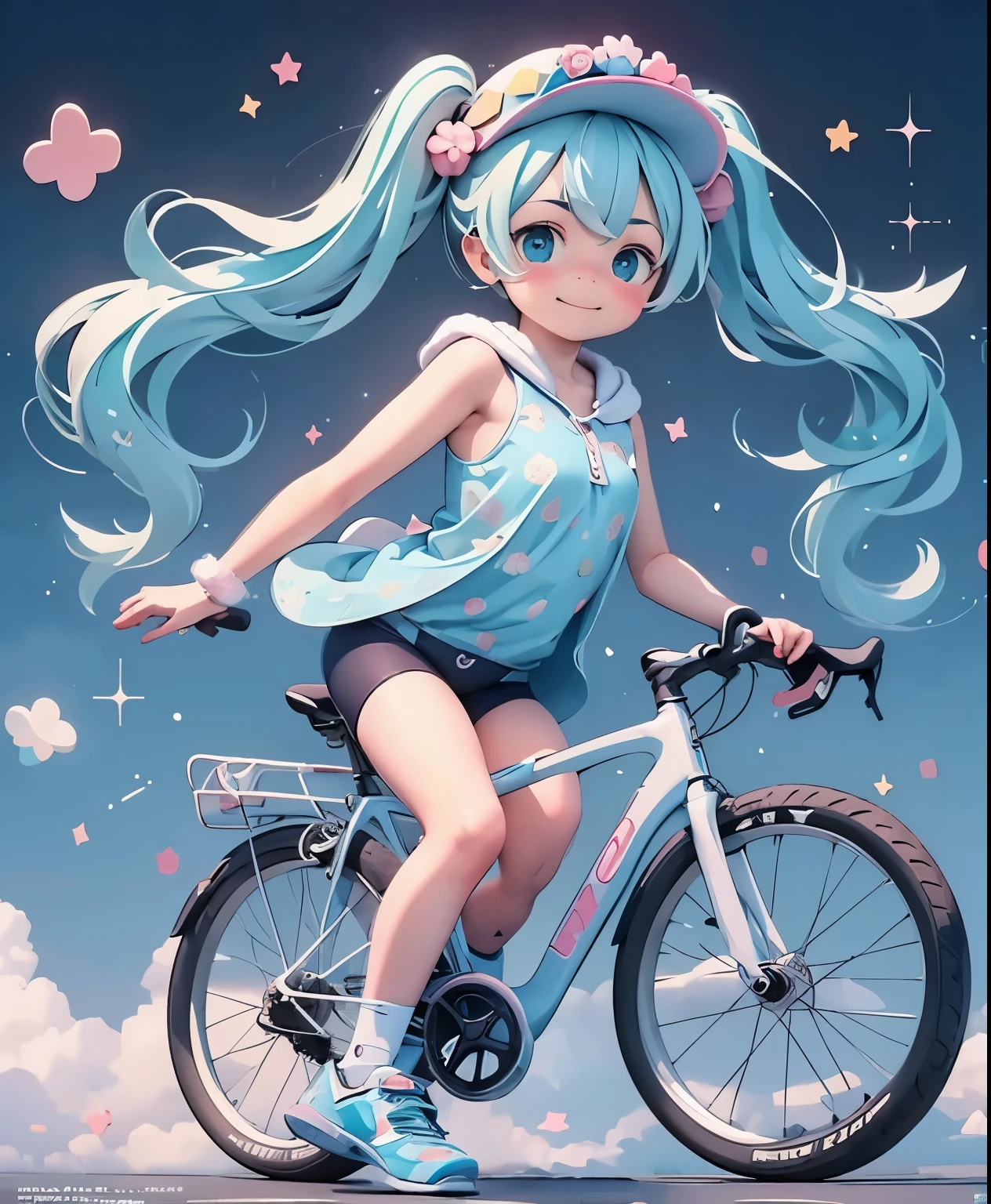 (masterpiece、highest quality、highest quality、Official Art、Beautiful and beautiful:1.2)、(One girl:1.3)Hatsune Miku、Twin tails,Big Breasts,  Long light blue hair, blue eyes and eyebrows, Erio Towa, Ride a bike with other people , Pedaling pose, smile, artstation pixivでトレンド, ArtStation Pixi の Artgerm