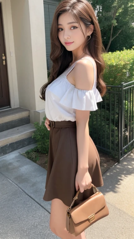 highest quality,masterpiece,超A high resolution,RAW Photos,woman,Loose permed hair、length、brown hair、Japanese、Loose permed hair、ミディアムショートのlength、brown hair、smile、Professional photography、Same skin type as humans、46 years old、Cute Wife、(No makeup:1.2)、(No makeup:1.2),成熟したwoman、adult sex appeal、大人のキュートなwoman、eyes are a little narrow、Cute eyes、Droopy eyes、Anatomical accuracy、Very detailed and beautiful、Ultra HD、length、her hair is tied、A transparent married woman、housewife、Thin upper lip、The lower lip is a little thick、Shoulder-length hair、Sleeveless、Long skirt、Casual clothing、skirt with flared hem、C cup bust、Small Ass、outside、Toy Poodle Walking、Brown sandals、sunlight