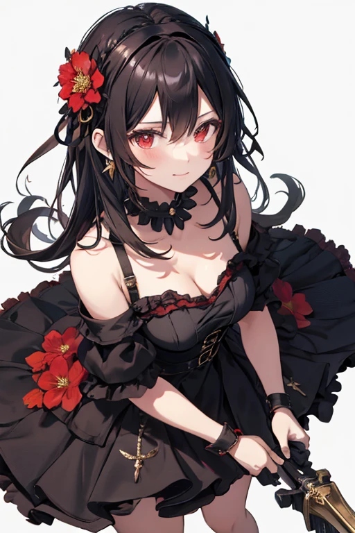 yor briar, anime style beutiful woman, 1girl, happy, smile, red face, closed mouth, beautiful detailed eyes, super detailed skin, backlighting, bare shoulders, black background, black dress, black gloves, black hair, breasts, dress, earrings, fingerless gloves, floating hair, floral print, flower, gloves, gold earrings, gold hairband, hair flower, hair ornament, hairband, holding, holding weapon, jewelry, large breasts, long hair, looking at viewer, off-shoulder dress, off shoulder,red eyes, short hair with long locks, sidelocks, solo, spikes, thighs, two-sided dress, two-sided fabric, weapon, fighting stance , face, close up, from above, highest quality, high resolution.