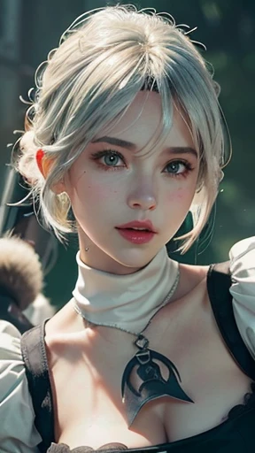 (Hyper realistic super detailed, masterpiece:1.8, top quality, best quality:1.8, official art, beautiful and aesthetic:1.6, ), ultra high res,(photorealistic:1.8), extreme detailed,colorful,highest detailed, official art, unity 8k wallpaper, ultra detailed, 1girl, (magic cirlce:1.2), Detailed face:1.4, breasts, cleavage, cleavage cutout, dress cutout, ((green background)), hair between eyes, headband, high resolution, juliet sleeves, long sleeves, nier (series), (nier automata, 2b), fluffy sleeves, red lips, shadow face, short hair, solo, beautiful, masterpiece, best quality, turtleneck sweater, upper body, l blue hair, sky, white fox ears, white fox tail, nine-tailed fox, cinematic lighting