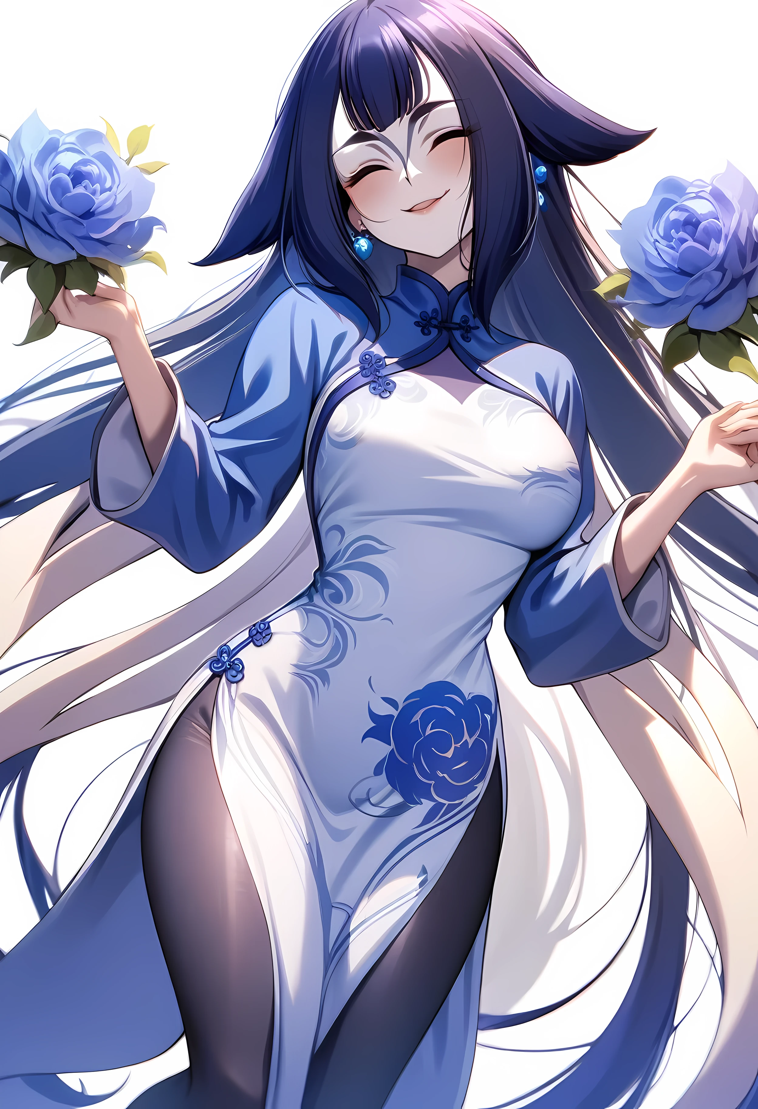 (shylily/(Twich/):1.5),(masterpiece:1.2),(best quality:1.2),, (1girl:1.3),qipao,1 Girl,Bangs,,Blue flowers,breast,china skirt,Chinese clothes,skirt,earrings,Floral,hands up,Long hair,Looking at the audience,Pantyhose,print skirt,Simple background,Smile,Solitary,White background