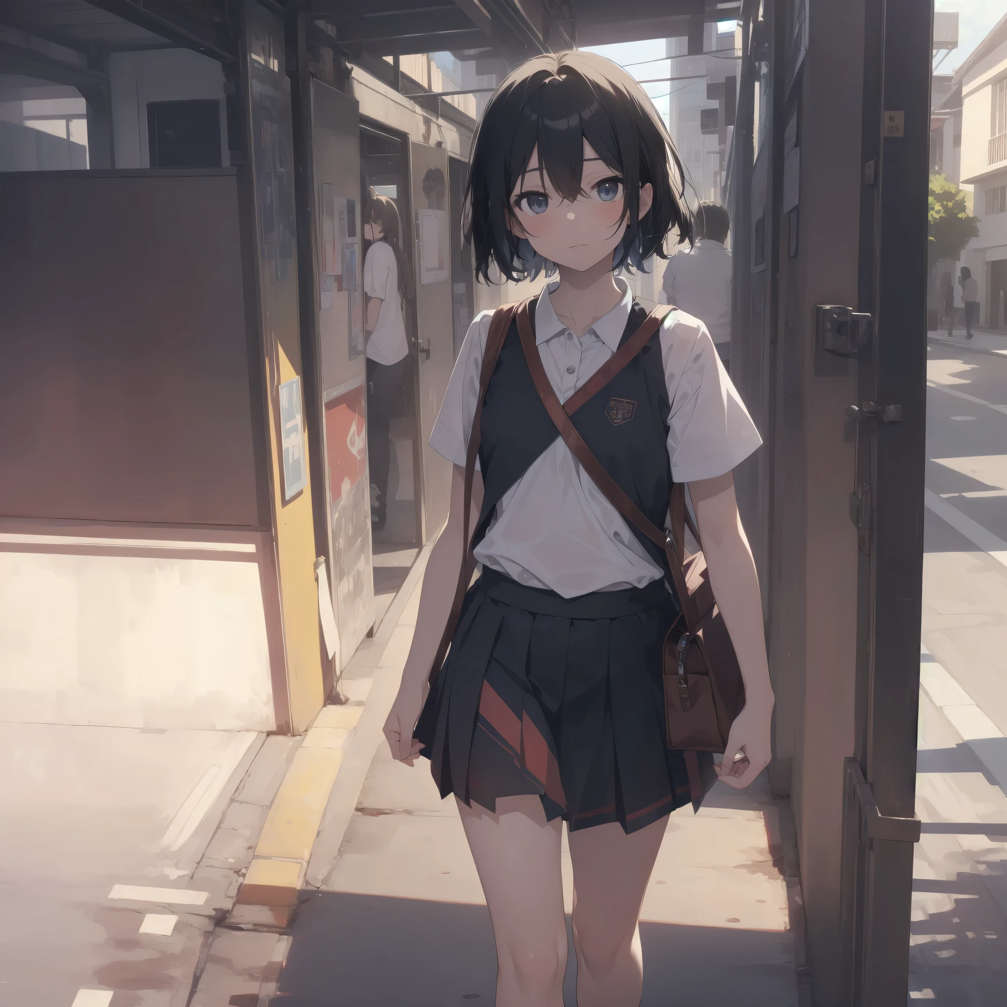 ultra-absurdres-Top quality by artist God, ultra-detailed, high resolution, anime moe artstyle, best anime 8k konachan wallpaper, pixiv contest winner,pool:2810, perfect anatomy,break, 1girl, (Please draw a girl walking sleepily to school alone. )break,(Solo,little female, 13-year-old:1.3),Full limbs, complete fingers,a junior high school student,  (very short hair), short cut, flat chest, , small butt, small black eyes, beautiful detailed eyes, well-proportioned iris and pupils, expressive eyes, highres detailed hair, soft expression, school_uniform, official_alternate_costume, pleated skirt,(Detailed Lighting), (Detailed background), in the School commute route. break,super detailed skin, Best cinematic lighting powered by famous artist, 8k,beauty illustration,photoshop_(medium),very aesthetic,break,((artist:ixy )), artist:akinashi yuu ,artist:oyari ashito ,artist:kantoku ,
