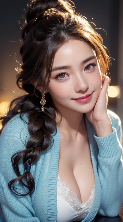 ((A beautiful woman in a light blue cardigan)),Body Portrait、8K,Eyes in Beautiful Details,dingdall effect、masterpiece, top-quality, hightquality, hight resolution、hyperdetailed photo、(natural skin textures、Detailed skin、Hyper-Realism、ultra sharpness)、high-detail skin、(ighly detailed、detailed skin textures、intricate detailes、beautiful expression、(Lifelike face)、realisticeyes、beatiful detailed eyes、real looking skin、Beautiful skins、A hyper-realistic、ighly detailed、the golden ratio、With smiling eyeoonlight background at night))、Body Portrait、(Curly hair in braids、Bun1),big breasts, cleavage , sexy legs
