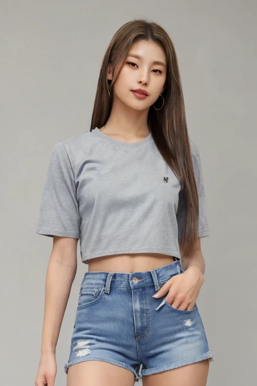 (masterpiece, realistic, photo-realistic, best quality:1.2), (yeji), 1girl, solo, medium shot, grey crop top, blue jean shorts