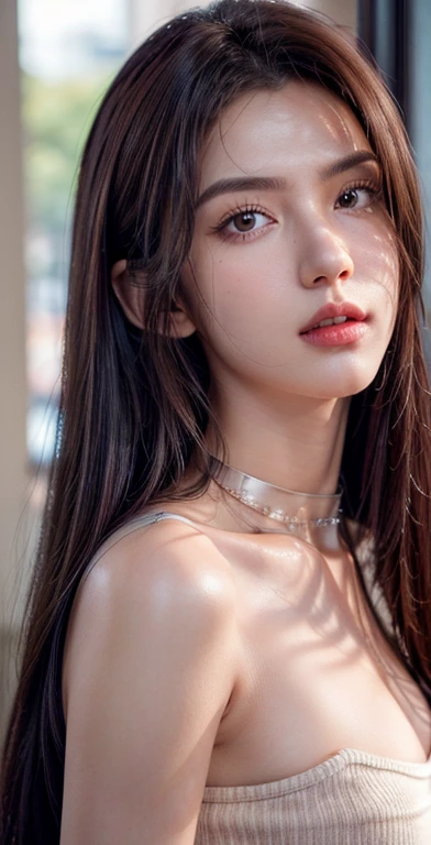 8k, Masterpiece, raw photos, best quality, realistic, Very detailed CG unity 8k wallpaper.., depth of field, Cinema-grade lighting system, lens flare, Ray tracing, (Very beautiful face, beautiful lips, beautiful eyes), A face with intricate details, ((Highly detailed skin), รูปถ่ายของสาวสวย 1 คนbest quality， Ultra high resolution， （realistically：1.4），cute hair clip，1 woman，long red hair,cropped sweater ，Beautiful woman with a slim figure:1.4, Pronounced abdomen:1.4, on the island,Extraordinarily detailed face，Exquisite eyes，Double eyelids，choker necklace
