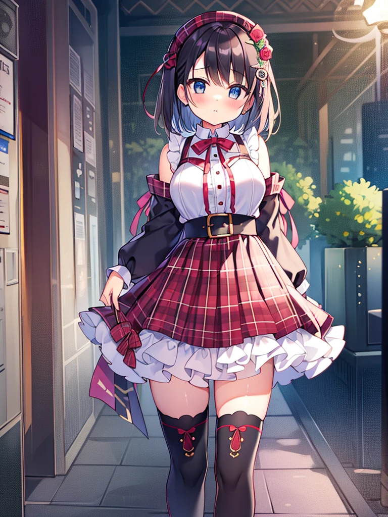 1girl、Standing in front of the viewer、Masterpiece、Official Art、high waist、Brown and dark brown houndstooth A-line dress、Dark piping、Super detailed、super beautiful、white straight short hair、、Knee-high boots、