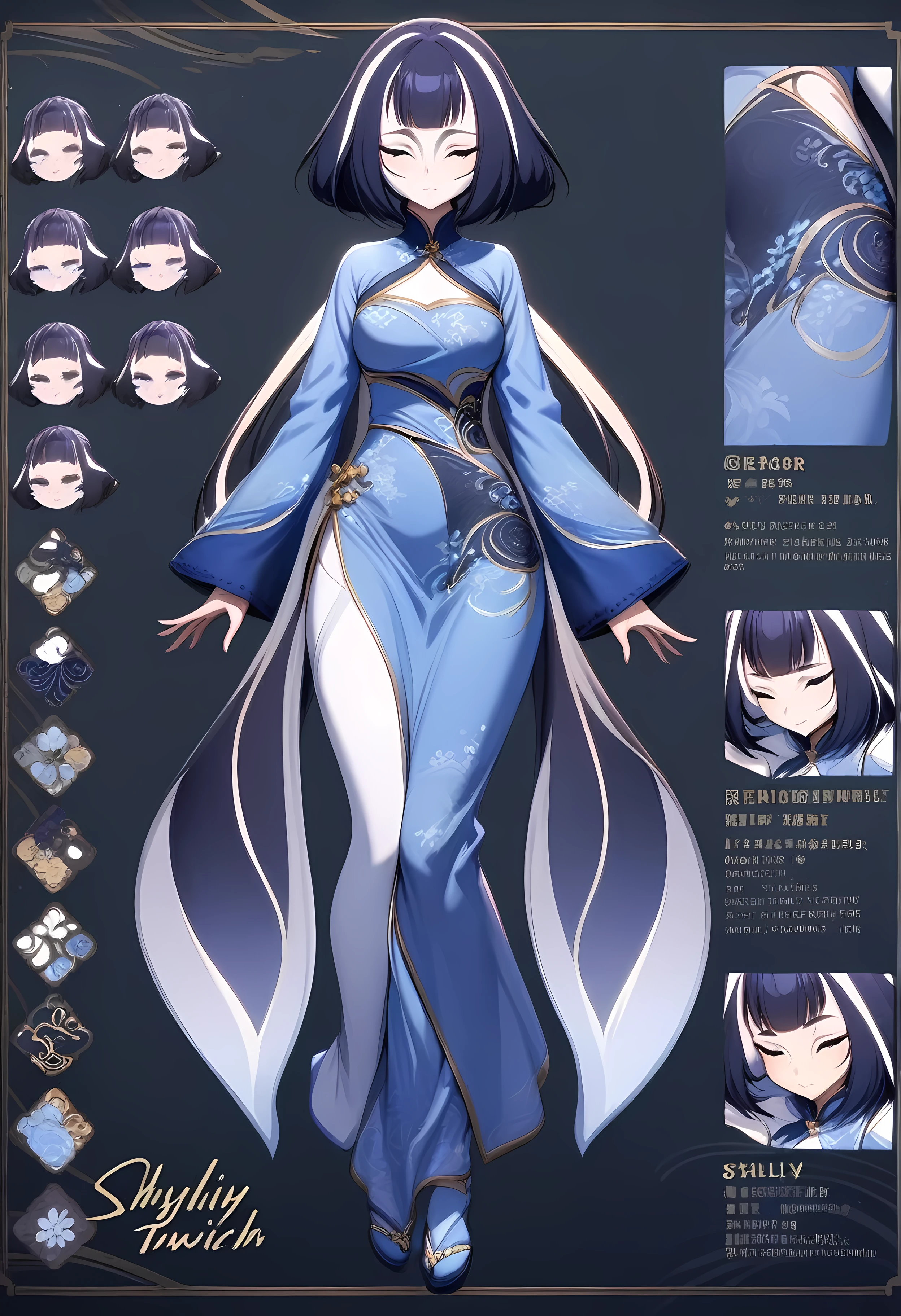 (shylily/(Twich/):1.5),(masterpiece:1.2),(best quality:1.2),, (1girl:1.3),((masterpiece, best quality)), Delicate face, Character Design Sheet, Full body love, Rich in details, front view of body, Back view of body, Very detailed, depth, many parts, Traditional Chinese costumes,