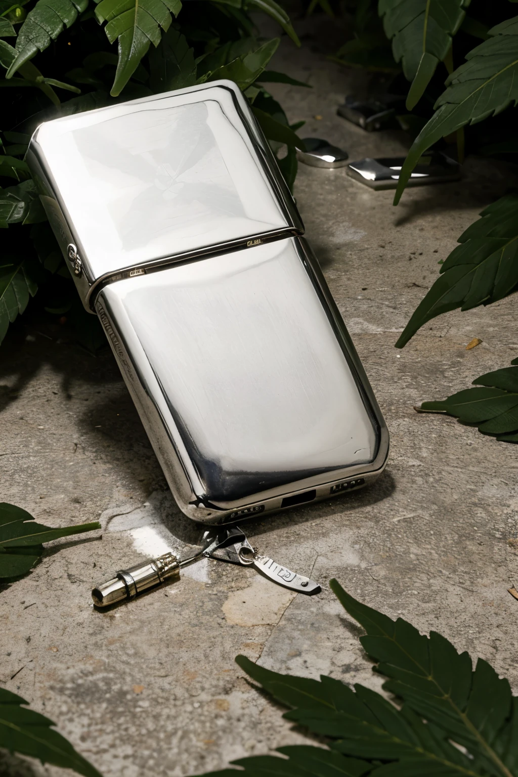 metal silver lighter lying on a big bunch of marijuana leaves
