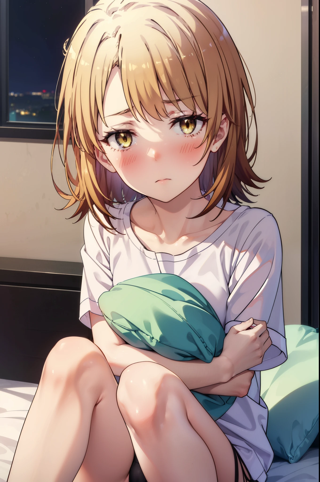 irohaisshiki, Iroha Isshiki, short hair, brown hair, (Brown eyes:1.5), blush,Looks sleepy,Embarrassing,oversized t-shirt,black string underwear,barefoot,Holding a pillow in both arms,Putting my face on the pillow,Sitting on the bed,ロマンチックな夜景
break indoors, Bedroom,
break looking at viewer,
break (masterpiece:1.2), highest quality, High resolution, unity 8k wallpaper, (figure:0.8), (Beautiful fine details:1.6), Highly detailed face, Perfect lighting, Highly detailed CG, (Perfect hands, Perfect Anatomy),