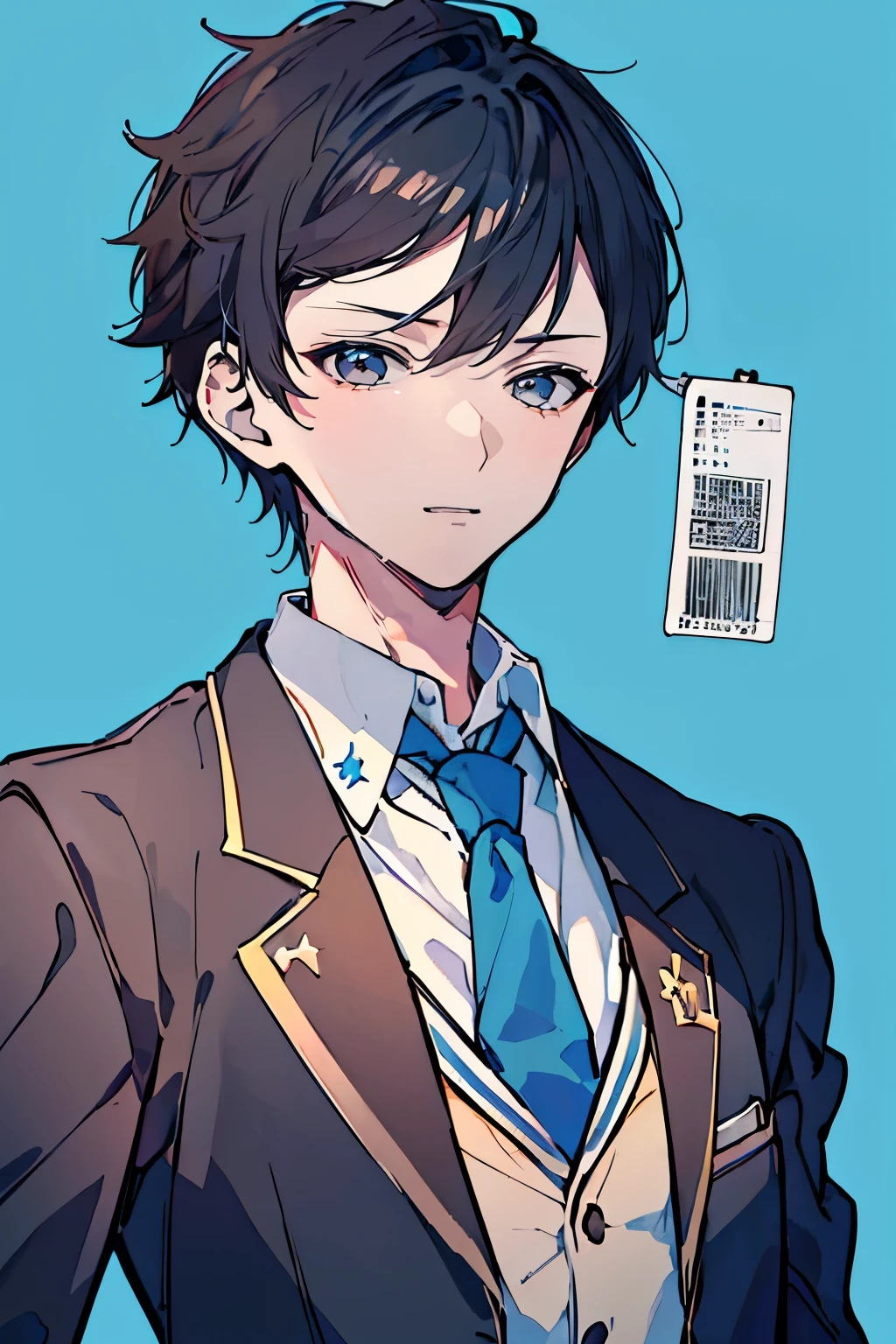 (Mastepiece), (Best Quality), One boy,Very detailed, ((ID photo:1.5)), (High school boys:1.4),((facing straight ahead:1.5)),Perfect Face, Beautiful Face, Very detailed顔,((Viewer's perspective:1.3)),(short black hair man:1.3),(Solid blue background:1.3),(Brown blazer:1.3),White Shirt,Red tie