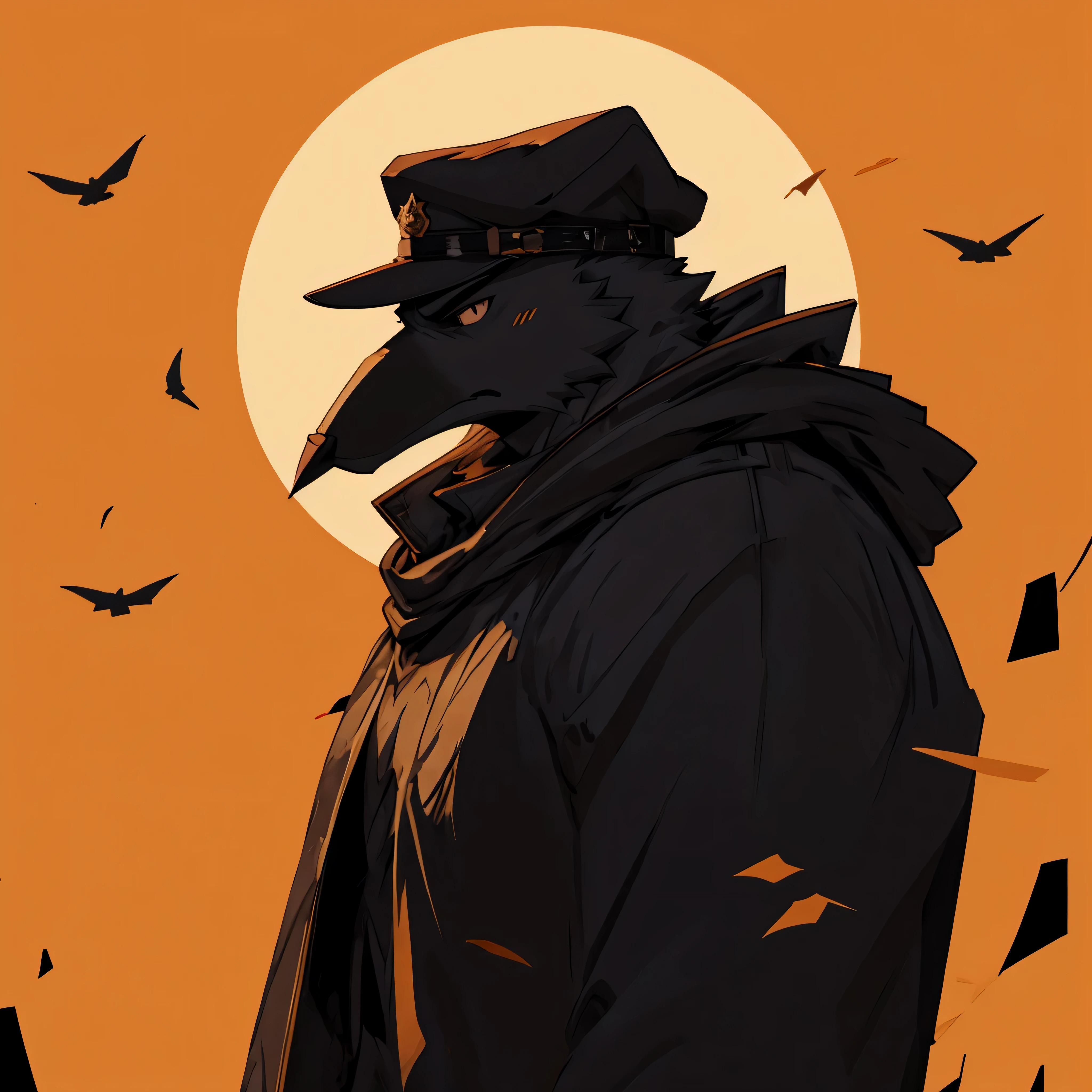 Portrait Head of a plague doctor, (gun metal) black beak, wearing a black military beret, stern expression, bright orange background, 