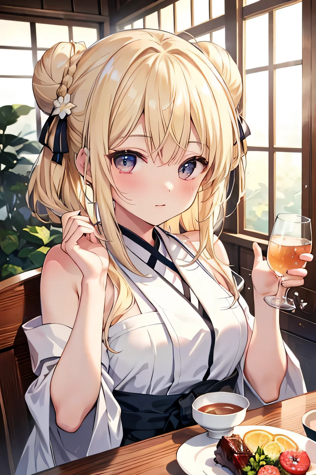 ((highest quality)), ((masterpiece)), (detailed), Perfect Face、Open-air bath、towel、blonde、Bun Head、liquor、Sake cup、Tipsy、30 years old、