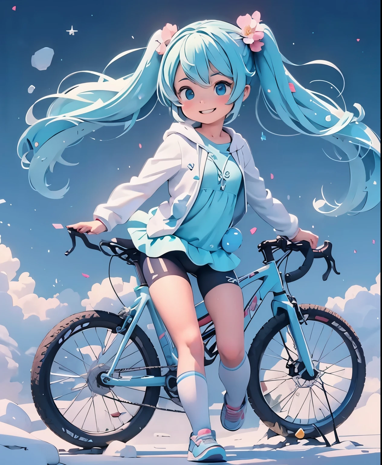 (masterpiece、highest quality、highest quality、Official Art、Beautiful and beautiful:1.2)、(One girl:1.3)Hatsune Miku、Twin tails,Big Breasts, Long light blue hair, blue eyes and eyebrows, Erio Towa, Ride a bike with other people , Pedaling pose, smile, artstation pixivでトレンド, ArtStation Pixi の Artgerm