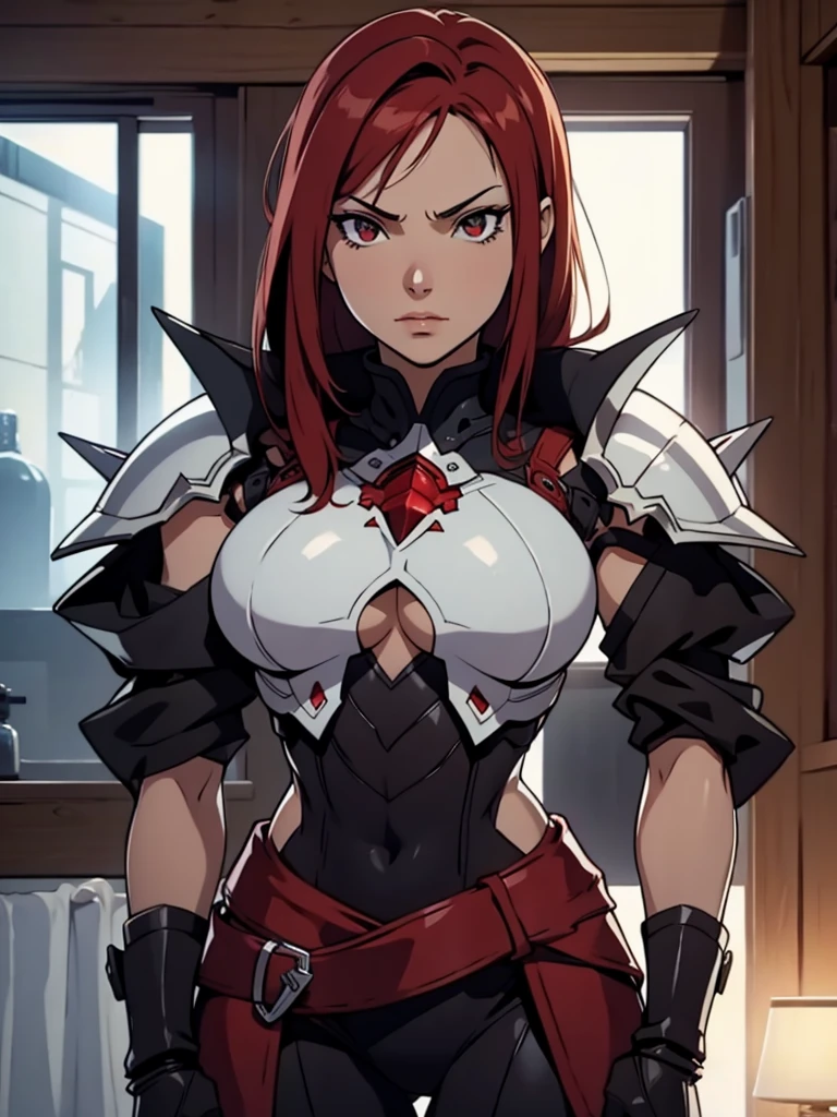 (masterpiece, top quality, best quality), 4k, perfect-lighting, symmetrical face, solo, Erza Scarlet, devastating look, red hair, breasts, knight armor, cowboy shot