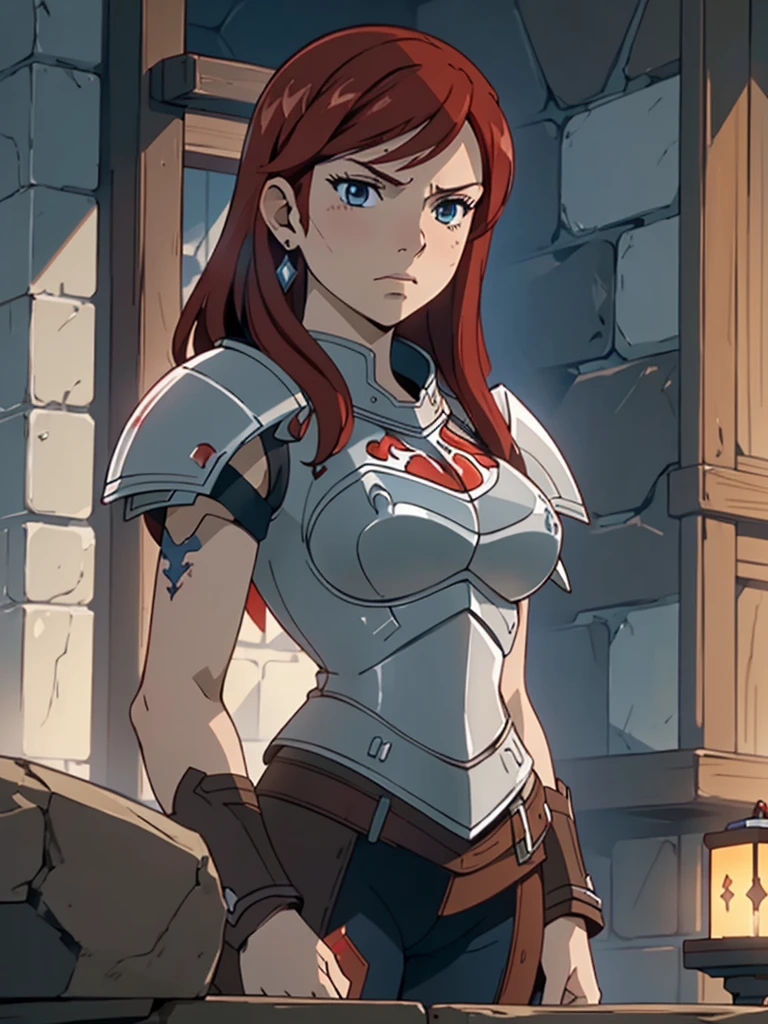 (masterpiece, top quality, best quality), 4k, perfect-lighting, symmetrical face, solo, Erza Scarlet, devastating look, red hair, breasts, knight armor, cowboy shot