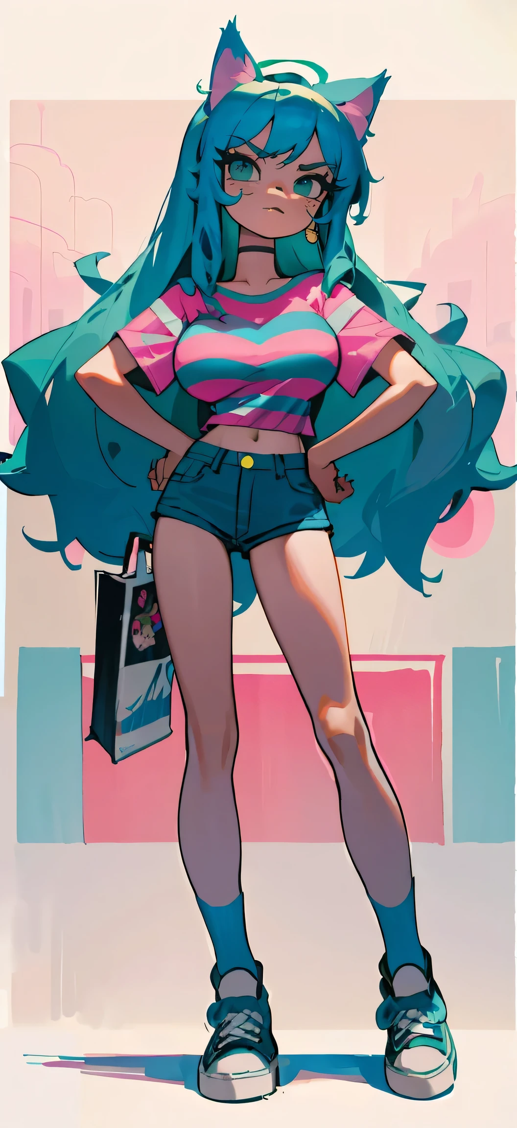 Masterpiece, best quality, high resolution, 1 woman, Long blue hair with pink stripes, smooth, green eyes, Bored face , cat ears , pink t-shirt , black bikini , abdomen, big breasts , Long legs , stand on your hips , canvas shoes , convenience store