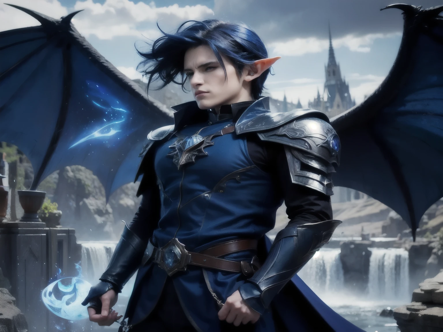 a close up of a person in a blue costume with wings, beautiful male elf, a male elf, skinny male fantasy alchemist, elven male, a portrait of a male elf, blue elf, epic fantasy art style hd, anime in fantasy style, epic fantasy style, beautiful androgynous prince, epic fantasy art style, epic fantasy digital art style