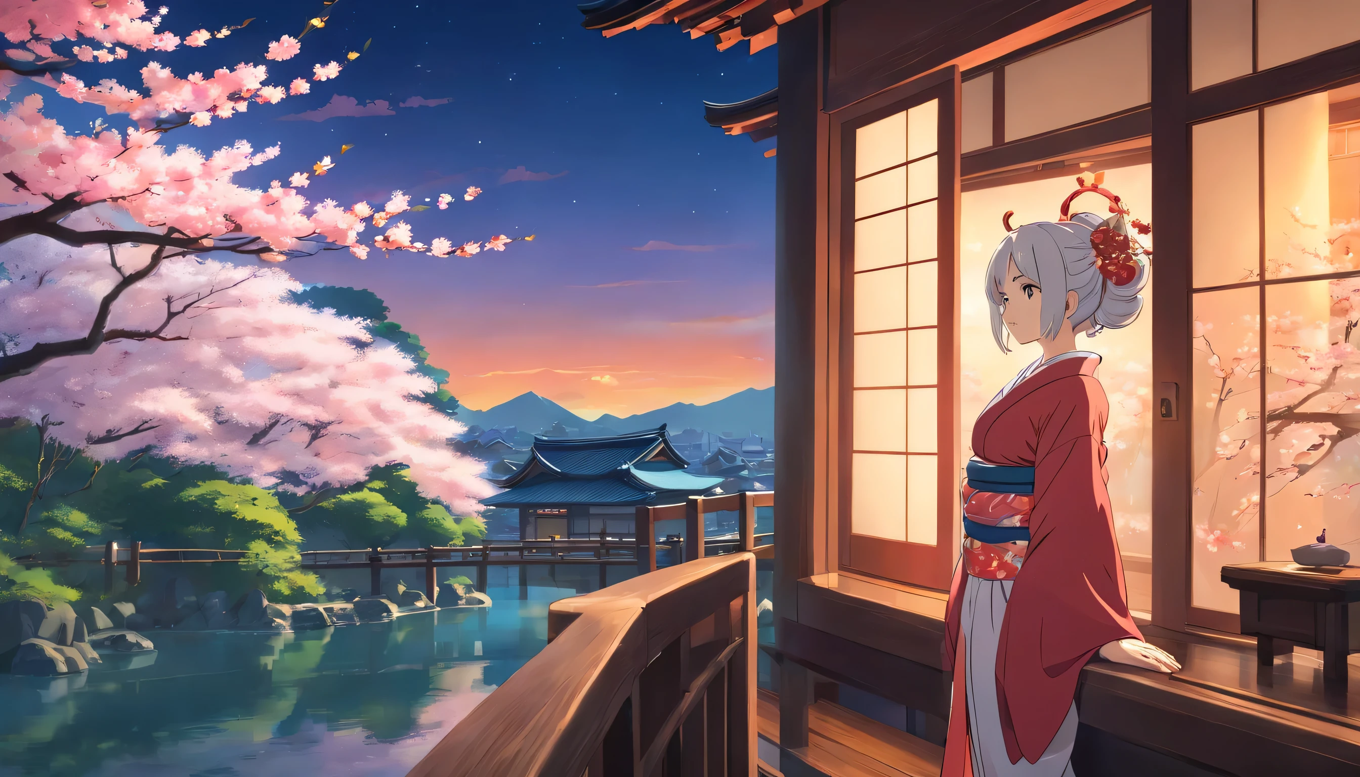 Anime girl looking out from Japanese room in front of window, Makoto Shinkai Cyril Roland, 4k anime wallpaper, anime art wallpaper 4k, Ilya Kuvshinov landscape, beautiful anime scenes, hd anime cityscape, amazing wallpaper, 4k anime wallpaper, anime wallpaper 4k by Yuumei, Character 1: woman with white hair and straight ponytail. Beautiful large breasts: 1.3, Sexy shot with gorgeous oiran in floral pattern, Japanese garden house, large windows, Japanese garden cherry blossom lights up at night