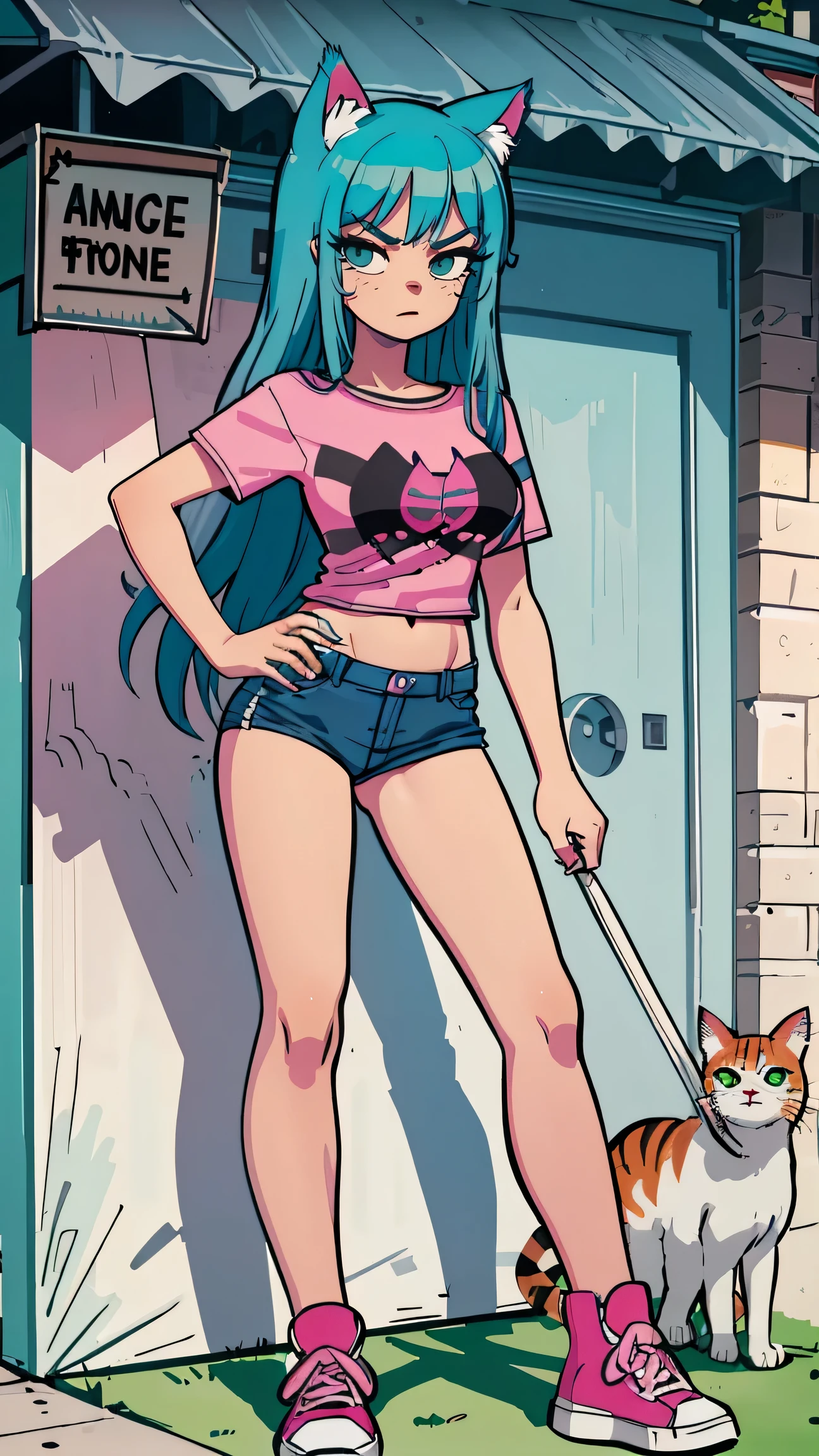 Masterpiece, best quality, high resolution, 1 woman, Long blue hair with pink stripes, smooth, green eyes, Bored face , cat ears , pink t-shirt , black bikini , abdomen, big breasts , Long legs , stand on your hips , canvas shoes , convenience store