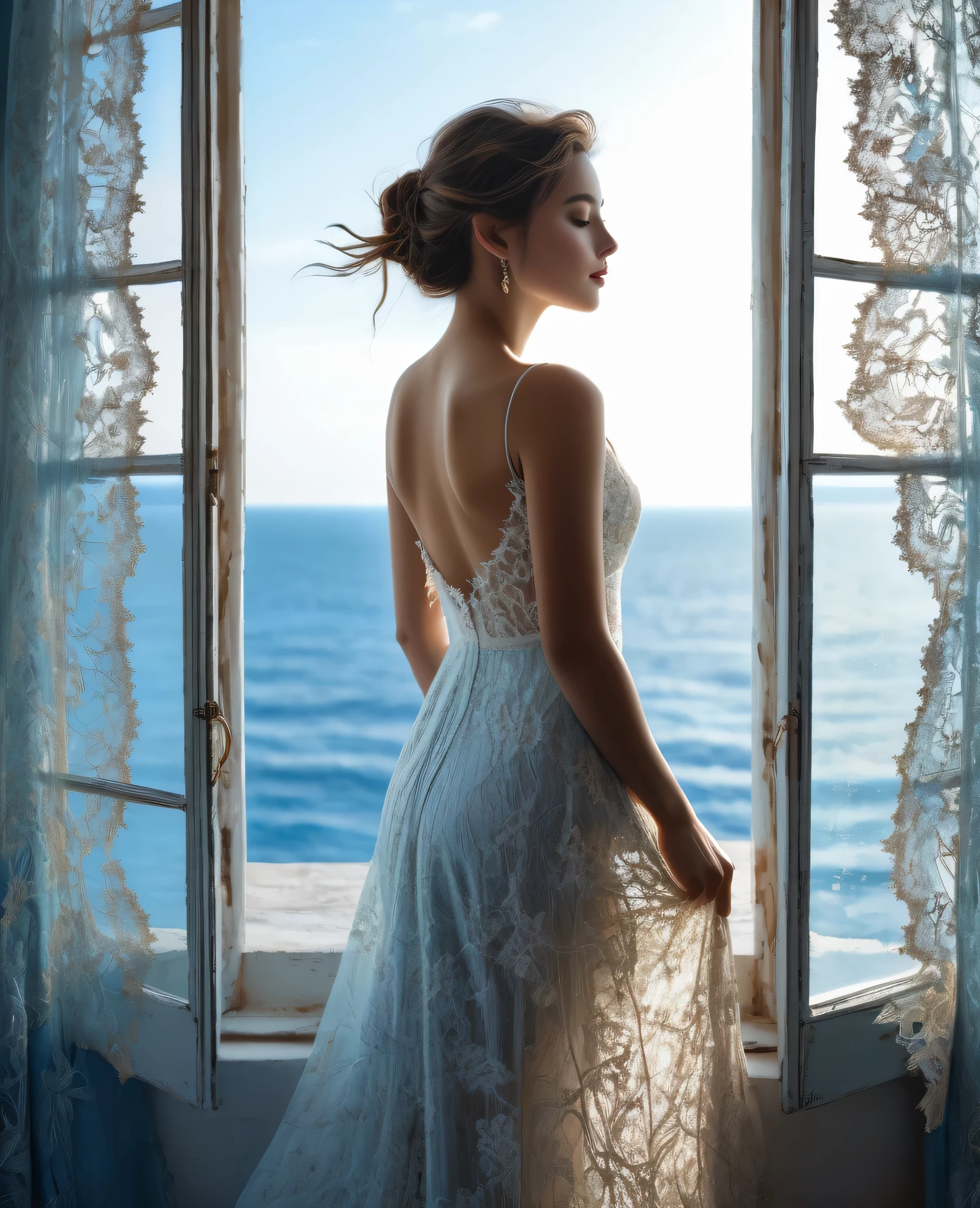 "Imagine a stunning scene where a beautiful woman gazes out of a window, her silhouette framed against the backdrop of a vast blue sea stretching towards the horizon. The gentle sunlight bathes her features, accentuating her delicate beauty as she contemplates the endless expanse ahead. Every detail, from the intricate lace curtains gently swaying in the breeze to the subtle interplay of light on her skin, adds depth and richness to the composition. It's a moment frozen in time, reminiscent of the timeless elegance captured by artists like Monet in his tranquil seascapes."
