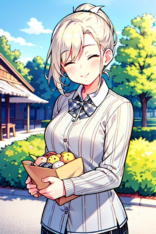 masterpiece, best quality, high quality, very detailed, 1 woman, gray hair, medium hair,blonde ponytail, closed eyes, looking at viewer, :3, cute, checkered shirt, outdoors, market price,