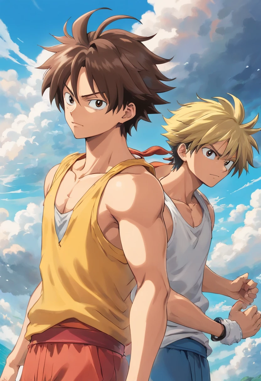 Homme brune de taille moyenne, Grand, cheveux jaune, ressemblance cloud Strife et luffy Caractéristiques latines , Athletic physique, image stop at the bust