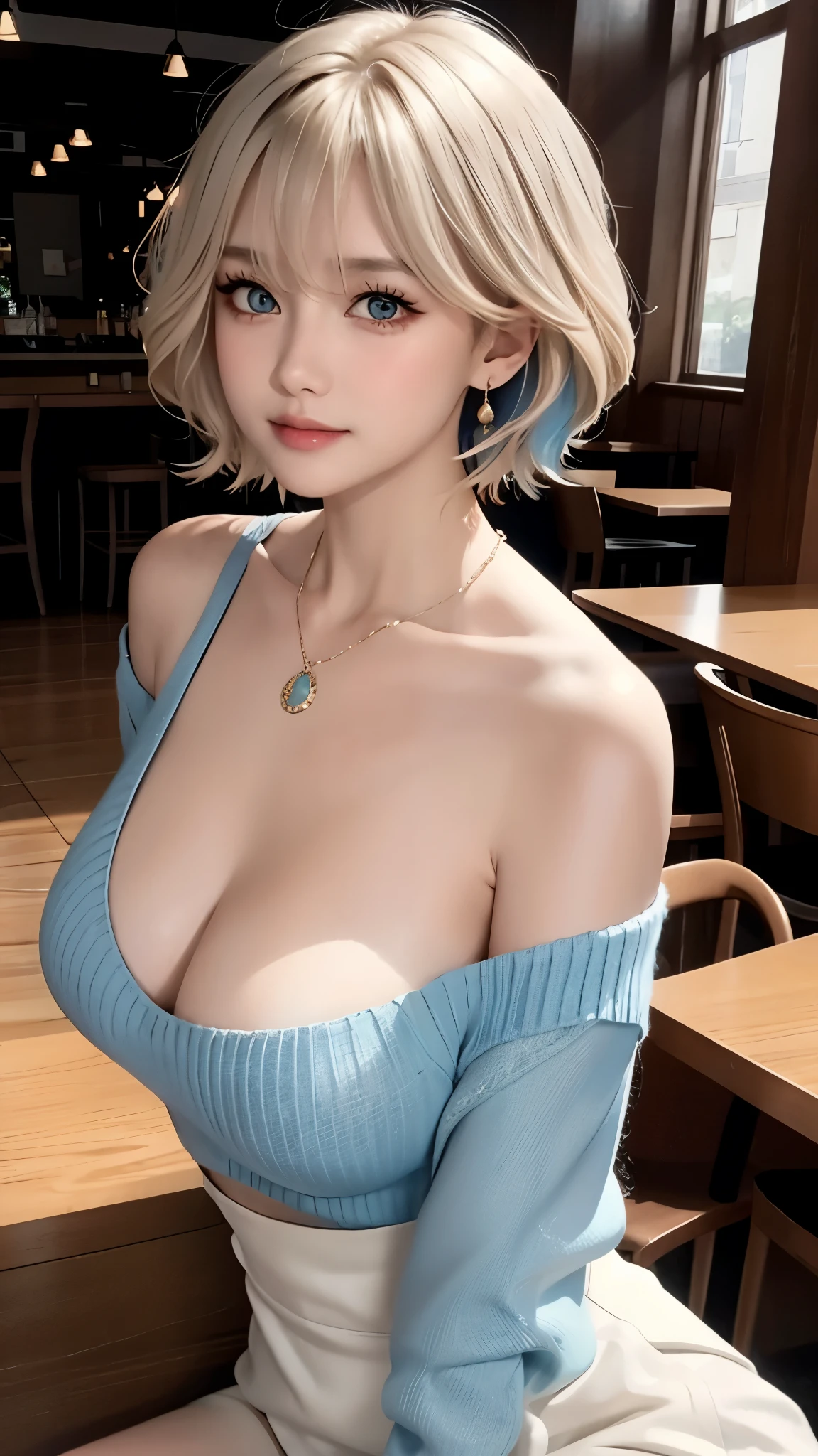 one pretty girl, solo, natural blonde short hair, high ponytail, bangs, finely detailed face, cute face, blue eyes, glasses, Stretch, stretch hands upward, and lift chest, hanging breasts:1.3, saggy breasts:1.4, cleavage, no bra, white off the shoulder ribbed sweater, mini skirt, necklace, earrings, beautiful and clear background, indoors, in restaurant, table, stool, cup, cinematic light, spot lighting, chromatic aberration, film grain, soft lighting, (depth of field), solo