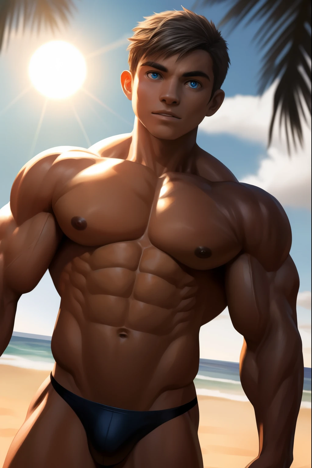 ((masterpiece)),(((best quality))),beach, sun, sunrays, ((Extremely realistic shadows, Masterpiece, extremely detailed, photorealistic)) standing in front on stage, 
 A teen ( face) 15 year old teenager (15 years old) very attractive boy, Mexican ethnicity. tanned skin,  grey hair, short hair bangs that fall on both sides of his youthful face. carefree expression, young man, alone, marked muscles, beautiful musculature, aesthetic stretch marks, inspiring physique, slender muscles, square pecs, beautiful V-cone, excellent abs and torso, chiseled abs, pectorals chiseled, perfect massive muscles, inflated muscles, voluminous pectorals, massive muscular body, a huge gigantic chest with a narrow waist, huge shoulders, ridiculously well-shaped large pecs, eight chiseled abs, (very toned and huge) with his military haircut and voluminous neck, narrow waist, bare chest, shirtless, topless, blue eyes, young face, beautiful, young. Teen muscular young bodybuilder with extraordinary and firm back, chiseled muscles, rhomboid muscles, latissimus dorsi. Gigachad. He is wearing black thong. (Black cloth thong) bare chest.