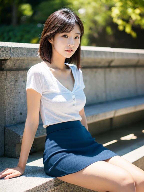 (Detailed skin:1.2),(Glowing Skin:1.1), 8k, highest quality, masterpiece, Ultra-high resolution, (Realistic:1.4), RAW Photos, (Soft saturation:1.3), (色white:1.2), Korean Idol, 27 years old, (masterpiece, highest quality: 1.2),(Highly detailed face, whole body,The real picture, Realistic Skin, Realistic body, Intricate details),Lightly reddish, (Neat and cool casual wear (white)), whiteいブラジャー, Ultra mini skirt 、Tight Skirt、 Sitting on a park bench、(Legs crossed:1.2、Long, slender legs、Beautiful legs)、Beautiful Face、brown hair、short hair, Small breasts, Are thin、Standing there watching me、to be shy、Japanese、Well-formed eyes、Symmetrical eyes、Slender body、I feel like I want to protect you、A neat and clean woman、flat chest、 neat woman, natural beauty、 light makeup 、Thin waist