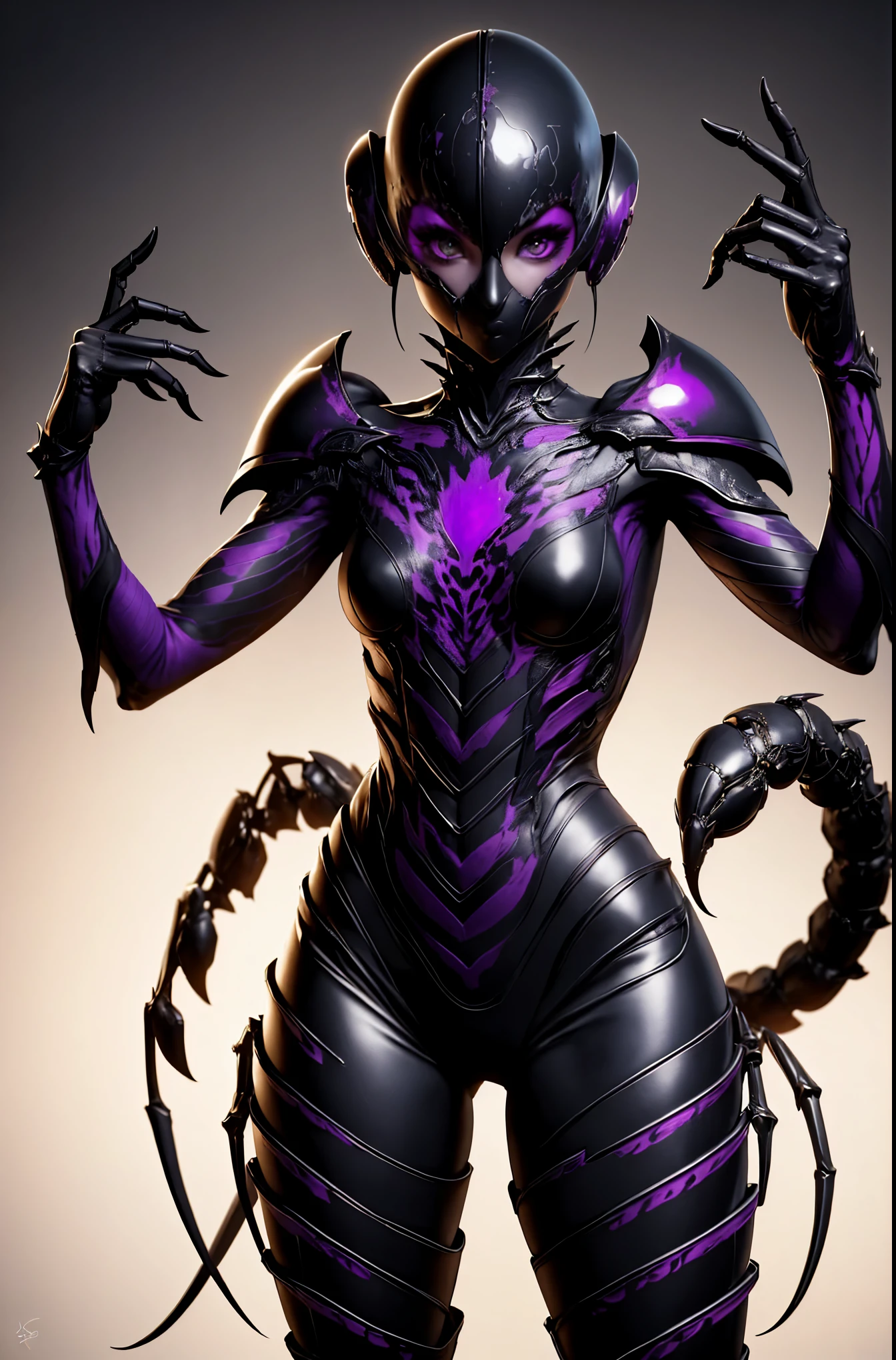 Beautiful girl fused with a scorpion. (High quality) （black and purple image color）gothic dress. body suit. cyber style. Circuit pattern. Biological Armor. Biological helmet. eye mask.