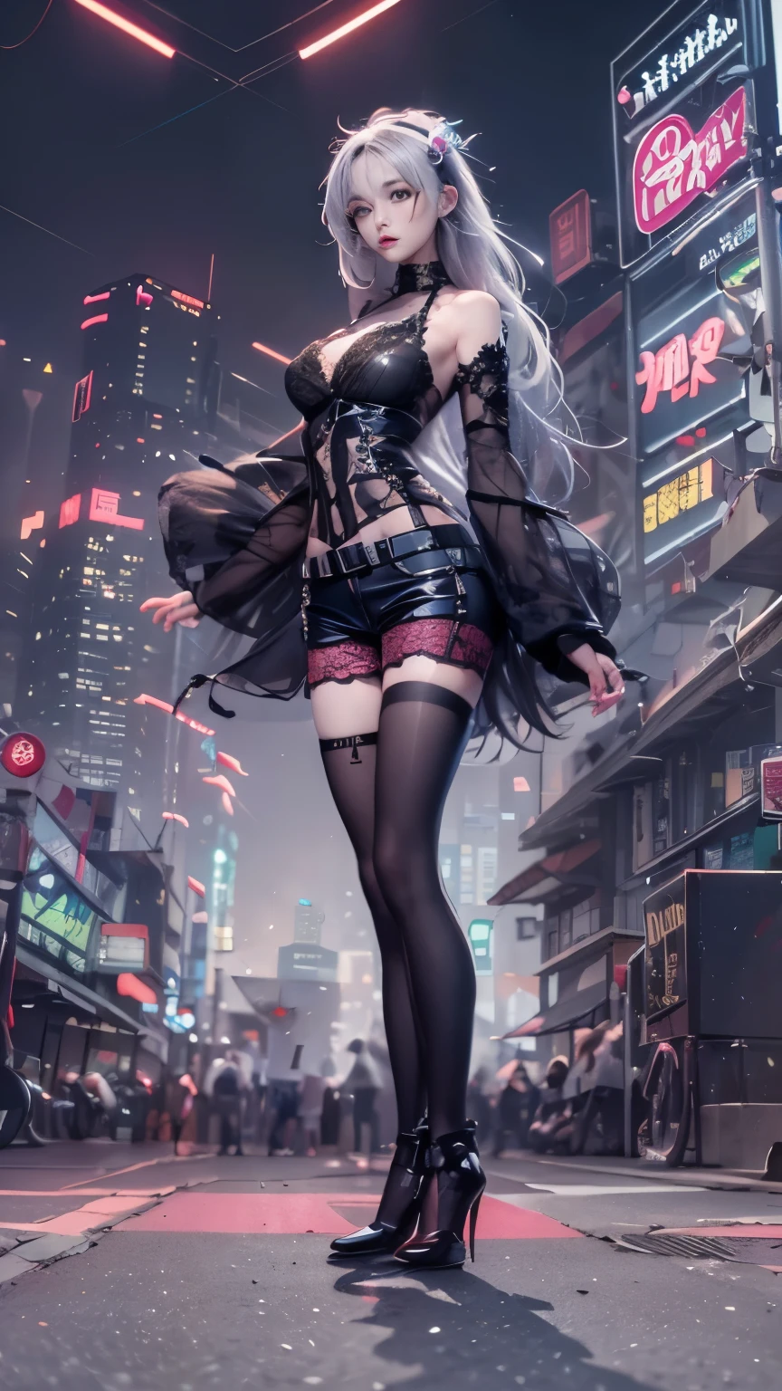 masterpiece,best quality,high resolution, 1 busty girl,From below,(The legs are very thin and straight)，,(Very long legs，Straight Legs),,High heel,Long legs,stand up, Leg length from the front, Perfect body,Have perfect legs,(bait)，Full body female，Cyberpunk Characters，Dynamic poses，1 busty girl，Exquisite eyes，Brown eyes，Eyeshadow，cosmetics，Long gray hair， Delicate face， Delicateeyes， Looking at the audience， blush blush\（cosmetics\）， Full lips， Red lips，（Long gray hair：1.3）， （stand up）Mechanical static，Mechanical Summoning，(Hair accessories:1.1)，((((Lace ，shorts))))，(black)，City，Luminous clockwork，，Cyberpunk Lights:1.1)，Neon，Full of mechanical and futuristic elements，technology，背景是一条中国传统的street，Chinatown， street， sky sky， Cyberpunk Characters， Paper lanterns， Neon超分辨率，（realism：1.3），1（Slim：1.2），Dramatic Lighting，Vivid details，Luxury Cyberpunk，complex background，