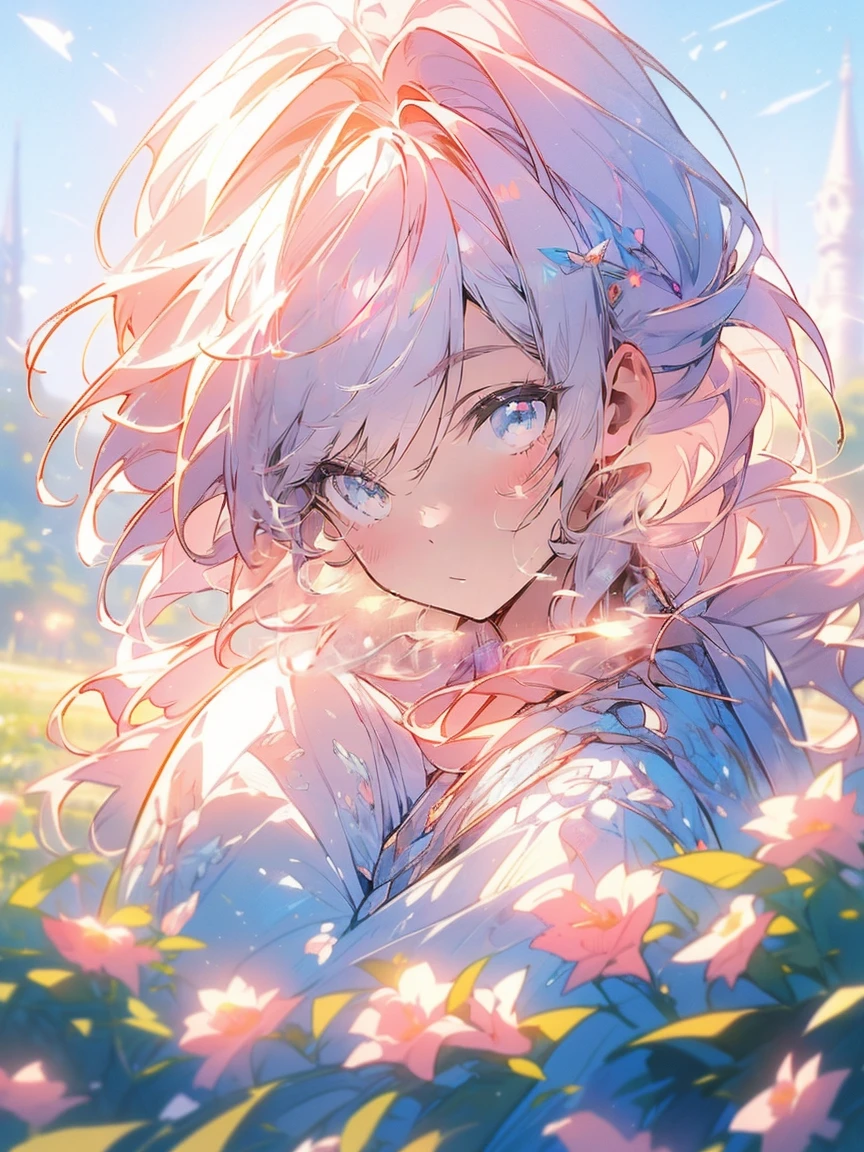 (highest quality, masterpiece, Very detailed, Very detailed, Exquisite, 16k,Full HD),A little closer,Golden Ratio,Dramatic lighting,pastel colour,(Happy),(smile:1.2),fly in the sky,Soft lighting, ((alone:1.5)),(White wall,brick room),Magical Forest,flower,wood,flower畑,葉っぱとflowerびらが舞う,From above,((head shot)),画面いっぱいのflower,(Fairy Princess, Purple eyes, Long eyelashes,White skin,slim,pale pink plump lips,Pale pink cheeks, The wind is blowing,blonde,thin and long,(thin and high nose,Small Nose),(腰の少しFrom above巨大な妖精の羽),flowerの魔法,flowerのティアラ,diamond earrings,Diamond Choker,(flowerびらをモチーフにしたflower付きホワイトボールガウンドレス, flowerが飾られたドレス,lace and ruffles),(smile:1.2), (Fantasy, Romantic atmosphere),