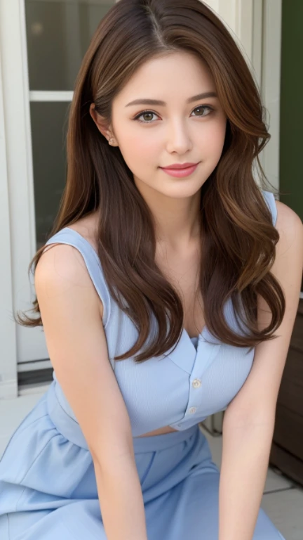 highest quality，masterpiece，超A high resolution，RAW Photos，woman，Loose permed hair、length、brown hair、Japanese、Loose permed hair、ミディアムショートのlength、brown hair、smile、Professional photography、Same skin type as humans、46 years old、Cute Wife、(No makeup:1.2)、(No makeup:1.2),成熟したwoman、adult sex appeal、大人のキュートなwoman、eyes are a little narrow、Cute eyes、Droopy eyes、Anatomical accuracy、Very detailed and beautiful、Ultra HD、length、her hair is tied、A transparent married woman、housewife、Thin upper lip、The lower lip is a little thick、Shoulder-length hair、Sleeveless、Long skirt、Casual clothing、skirt with flared hem、C cup bust、Small Ass、outside、(トイプードルの散歩をしているキュートなwoman:1.6)、Brown sandals、sunlight