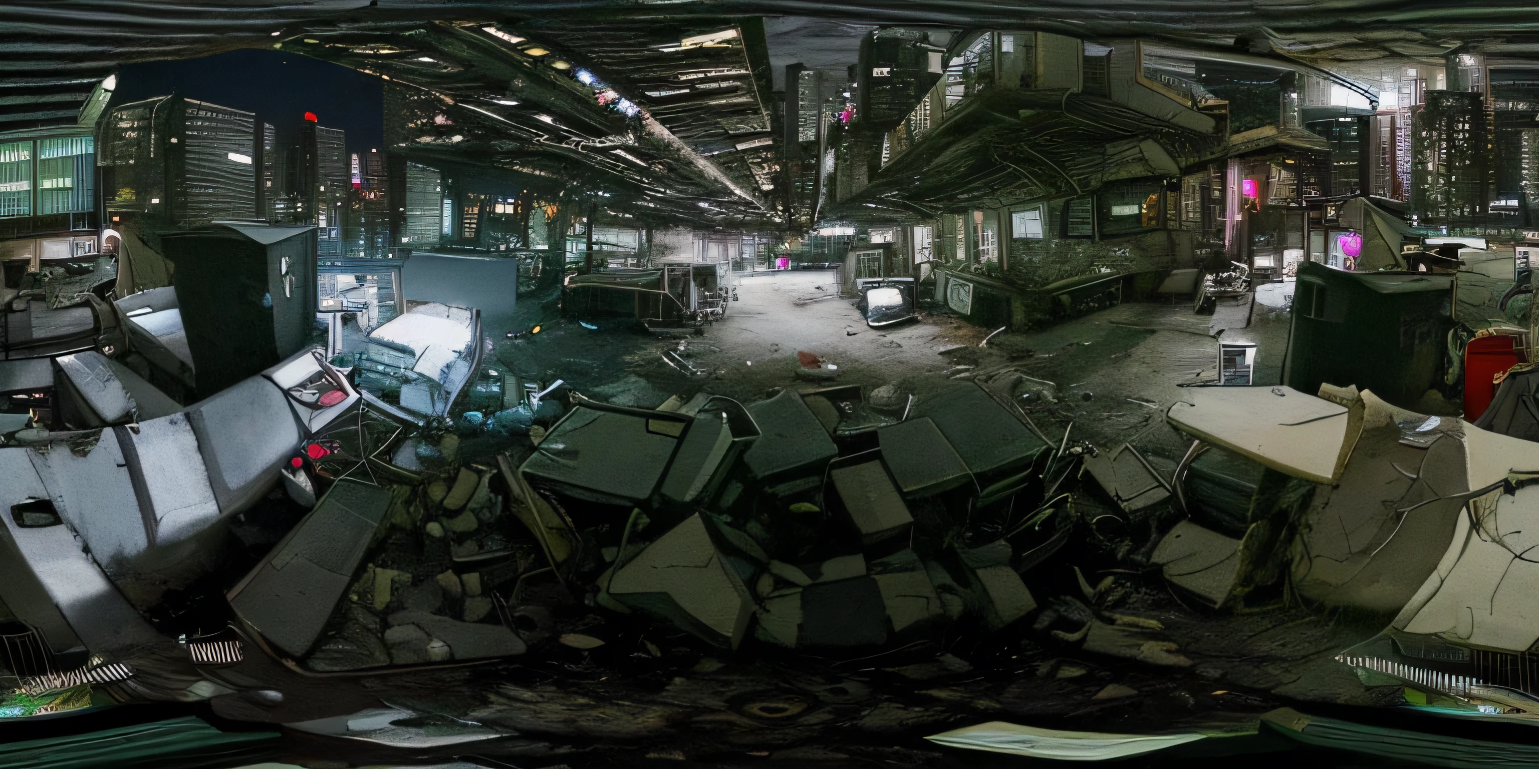 (360 panorama view), 360 panorama manga drawing, cyberpunk night, true crime at night. Outside in the residents garbage container on the right side a disposed body has been found at night.