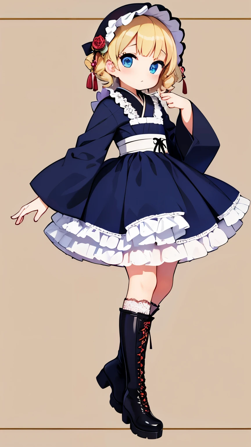 Girls,Blonde curly short hair,Dark blue eyes,white kimono,Lolita Bonnet,Japanese and Western eclectic,Lolita Fashion,Character portrait,Lace-up boots on the feet,Rose ornament
