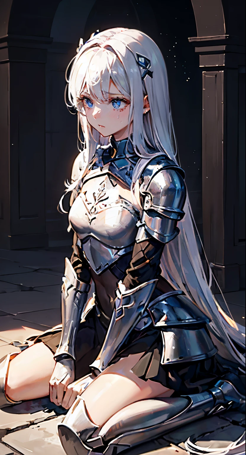 A girl, wearing a simple armor, shattered, armor is broken, simple broken sword, she is kneeling on the floor, she is sad, tears, ultra long hair, Long eyelashes, ultra detailed face, glowing lips, glowing eyes, campfield