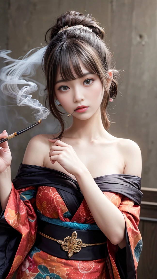 (((RAW Photos ,Very detailed, highest quality, High resolution, alone,)))
break、(americanism:1.5), (Art Nouveau:1.2), (Graphic Arts:1.4),
Ultra-photorealistic illustrations, Surreal,
High resolution, Very detailed, Confused,
thinアウトライン, calligraphy,
Vivid contrast, (Flat Color, colorful:1.3),
(Sharp Shadow:1.2),
(shading:1.1),
Place your hands behind your head, Side Shot, (Dynamic pose:1.2),
break、
(Blowing a smoke pipe:1.3), Oriental pipes,
(Off the shoulder:1.1), (Bare neck:1.1), Cleavage, Between the breasts,
It is very common as a way to tie a kimono obi for women,
A glamorous ornament worn over a sash,
break、
Beautiful Courtesan, Beautiful Apprentice Geisha,
(Topknot:1.2), beautiful shiny black hair, Traditional hairstyle,
ゴージャスな琥珀色のwonderfulヘアピン, colorful butterfly hair ornament,
embroidery, dazzling, Dress up , Fancy, wonderful,
Beautiful eyes in every detail, Long eyelashes, (White skin:0.8),
Curvy Girls, clavicle, Side bust, Lips parted, pelvis, skinny, thin,
alone, mature, Adult,