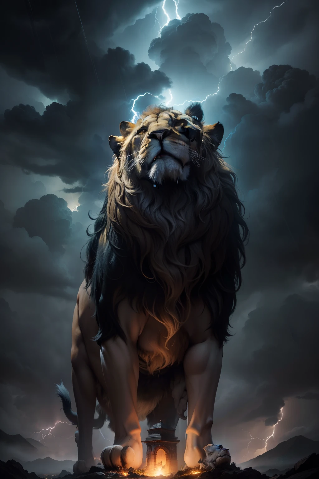 A majestic lion's head, filled with fierce and dominating presence, towers high in the stormy sky. Swirling clouds gather around it, illuminated by electric flashes of lightning, and reverberating peals of thunder accompany the downpour. Despite the chaos above, tranquil flowers bloom at its feet, adding a touch of serenity to the scene.