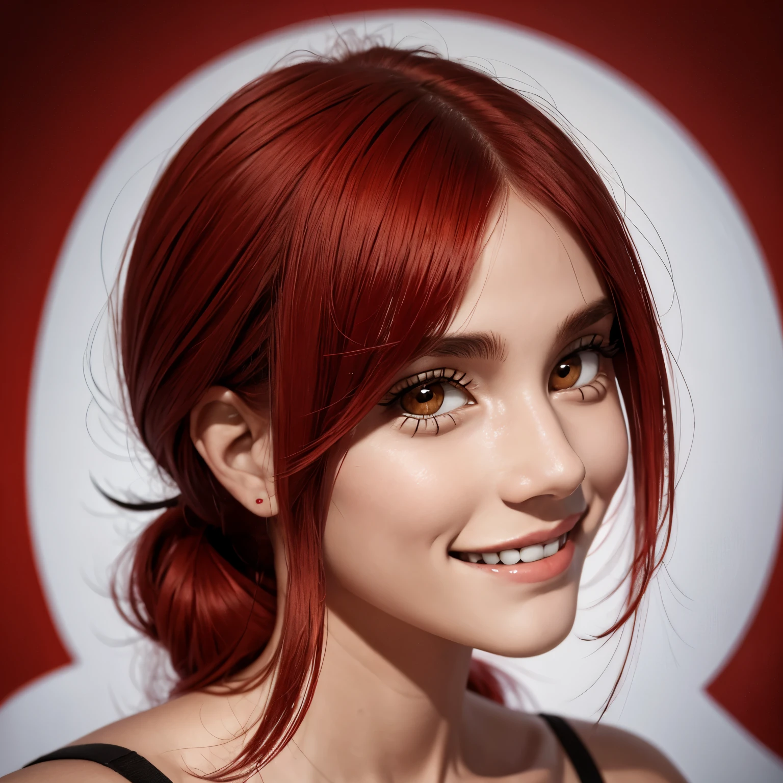 Chica en capucha, pelo roja, misteriosa, psycho smile, capucha puesta, atuendo blanco con rojo