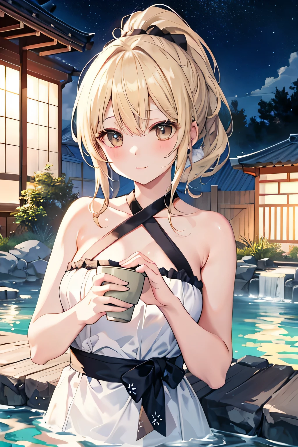 ((highest quality)), ((masterpiece)), (detailed), Perfect Face、Outdoor bathsSake in the outdoor baths、towel、blonde、ponytail、Sake cup、Tipsy、30 years old、Starry Sky
