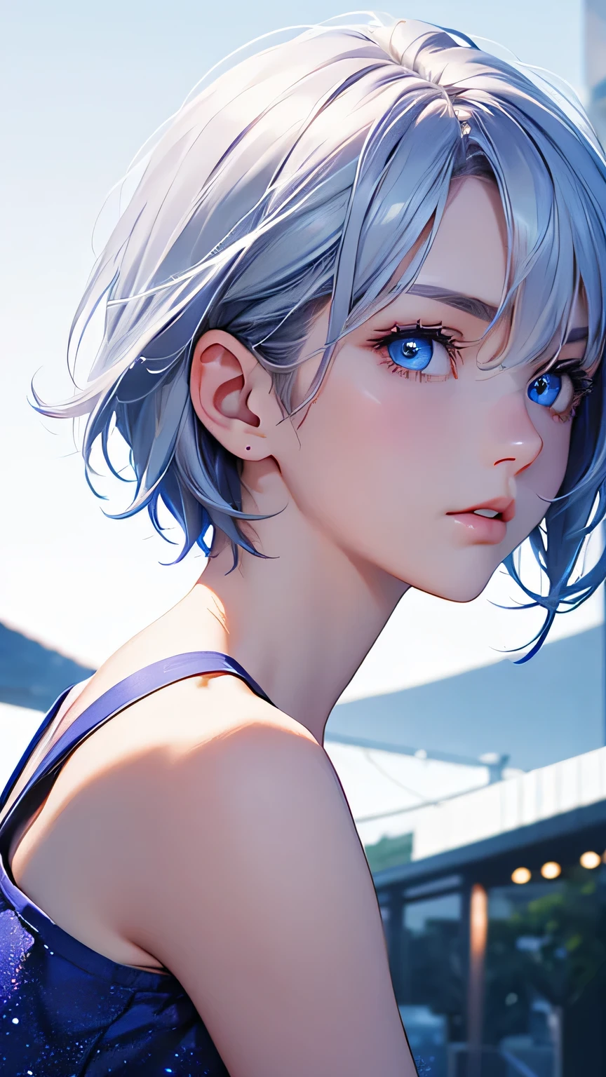 highest quality、Realistic、Night Sky、full moon、moonlight、girl、zoom、look up、cute、cobalt blue eyes、Silver Hair、Short Hair、White T-shirt、Face close-up、slender