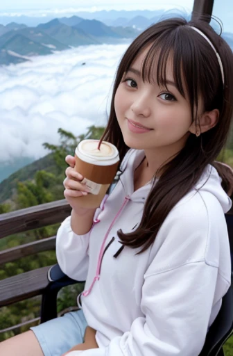 mountain, blissful, smiling, sitting, flipped hair, white shorts, pink hoodie, on the mountain, at dawn, wide shot, birds-eye view, impressive panoramas, on the mountain, (Sea of clouds:1.3), (scene of sitting on a chair and drinking coffee at the top of a mountain:1.3),at dawn, wide shot, birds-eye view, impressive panoramas