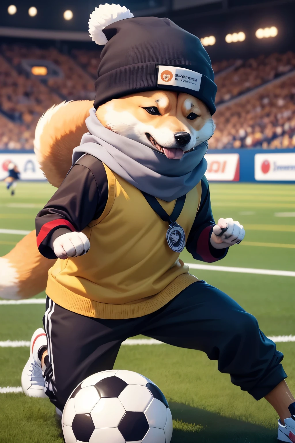 anime character with a beanie hat and scarf on a sticker, big beanie hat, bigger hat, wholesome digital art, anthropomorphic shiba inu, doge meme, inspired by Shiba Kōkan, doge, awwwww, wholesome, shiba inu, lofi art, many dogs are playing soccer in a large stadium, with many people watching, dogs play soccer, dogs play football