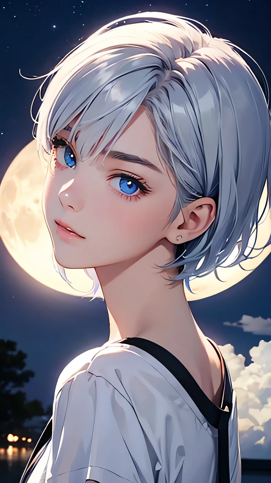 highest quality、Realistic、Night Sky、full moon、moonlight、girl、zoom、look up、cute、cobalt blue eyes、Silver Hair、Short Hair、White T-shirt、Face close-up、slender