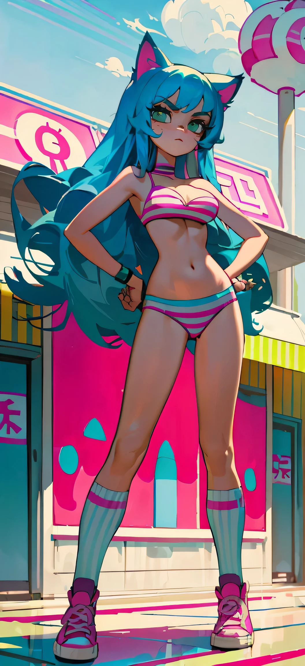 Masterpiece, best quality, high resolution, 1 woman, Long blue hair with pink stripes, smooth, green eyes, Bored face , cat ears , pink bikini , abdomen, big breasts , Long legs , hands on hips , canvas shoes , convenience store