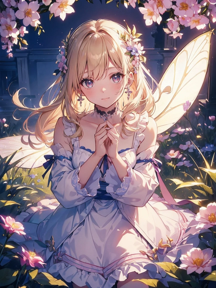 (highest quality, masterpiece, Very detailed, Very detailed, Exquisite, 16k,Full HD),A little closer,Golden Ratio,Dramatic lighting,pastel colour,(Happy),(smile:1.2),fly in the sky,Soft lighting, ((alone:1.5)),(White wall,brick room),Magical Forest,flower,wood,flower畑,葉っぱとflowerびらが舞う,From above,((head shot)),画面いっぱいのflower,(Fairy Princess, Purple eyes, Long eyelashes,White skin,slim,pale pink plump lips,Pale pink cheeks, The wind is blowing,blonde,thin and long,(thin and high nose,Small Nose),(腰の少しFrom above巨大な妖精の羽),flowerの魔法,flowerのティアラ,diamond earrings,Diamond Choker,(flowerびらをモチーフにしたflower付きホワイトボールガウンドレス, flowerが飾られたドレス,lace and ruffles),(smile:1.2), (Fantasy, Romantic atmosphere),