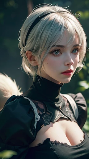 (Hyper realistic super detailed, masterpiece:2.0, top quality, best quality:2.0, official art, beautiful and aesthetic:1.9, ), ultra high res,(photorealistic:2.0), extreme detailed,colorful,highest detailed, official art, unity 8k wallpaper, ultra detailed, 1girl, (magic cirlce:1.2), Detailed face:1.8, breasts, cleavage, cleavage cutout, dress cutout, ((green background)), hair between eyes, headband, high resolution, juliet sleeves, long sleeves, nier (series), (nier automata, 2b), fluffy sleeves, red lips, shadow face, short hair, solo, beautiful, masterpiece, best quality, turtleneck sweater, upper body, l blue hair, sky, white fox ears, white fox tail, nine-tailed fox, cinematic lighting