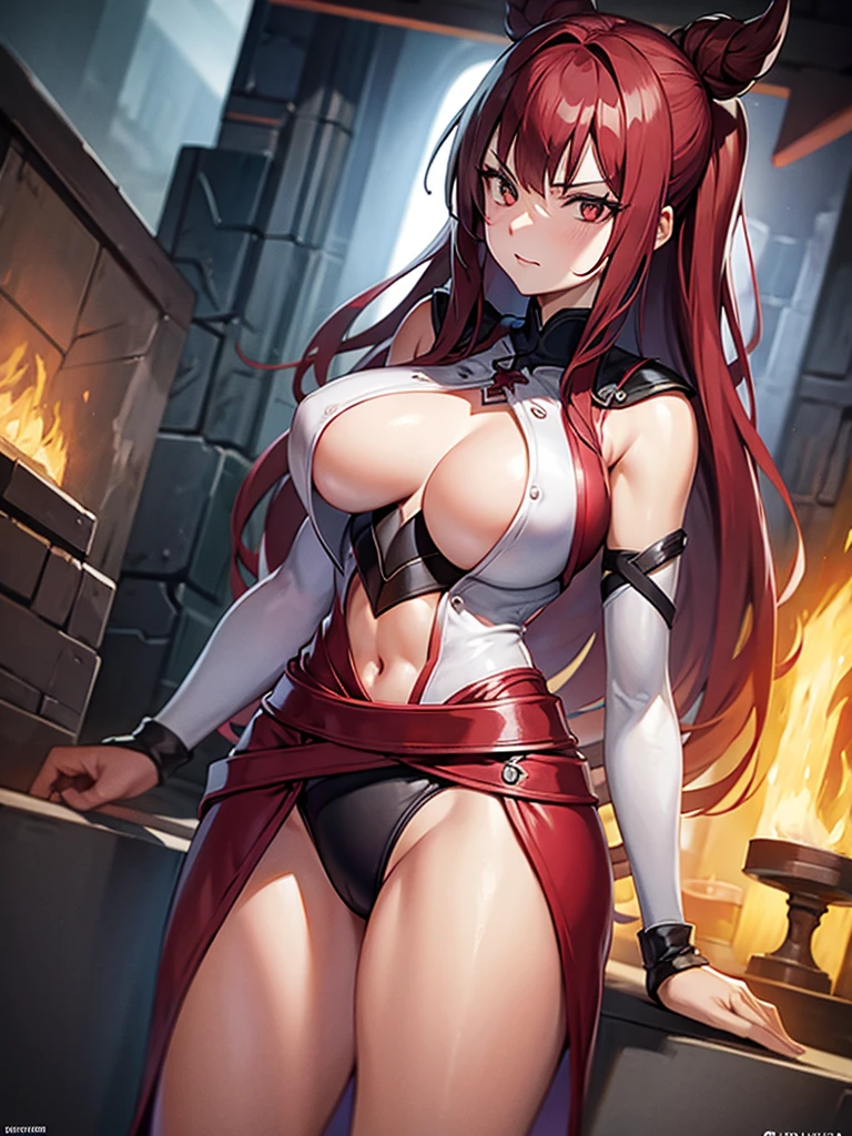 (masterpiece, top quality, best quality), 4k, perfect-lighting, symmetrical face, solo, Erza Scarlet, devastating look, red hair, breasts, knight armor, cowboy shot