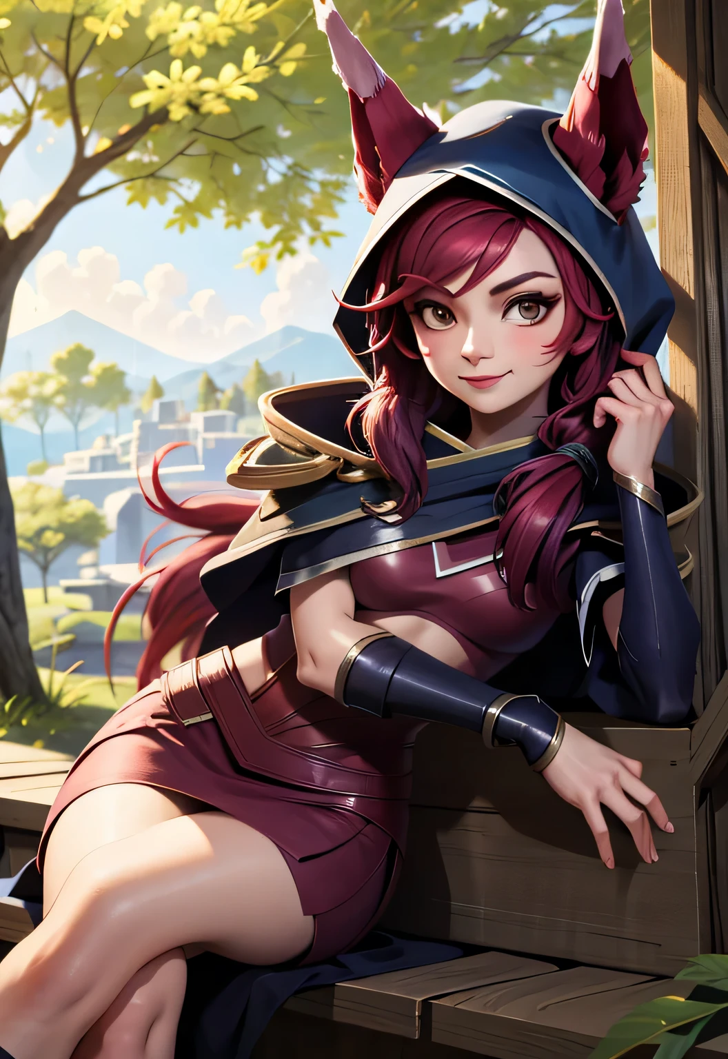 Xayah, sorriso pretensioso, sorriso sedutor, sittinagical, magnificent, obra de arte:1.3)
