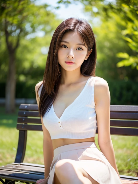 (Detailed skin:1.2),(Glowing Skin:1.1), 8k, highest quality, masterpiece, Ultra-high resolution, (Realistic:1.4), RAW Photos, (Soft saturation:1.3), (色white:1.2), Korean Idol, 27 years old, (masterpiece, highest quality: 1.2),(Highly detailed face, whole body,The real picture, Realistic Skin, Realistic body, Intricate details),Lightly reddish, (Neat and cool casual wear (white)), whiteいブラジャー, Ultra mini skirt 、Tight Skirt、 Sitting on a park bench、(Legs crossed:1.2、Long, slender legs、Beautiful legs)、Beautiful Face、brown hair、short hair, Small breasts, Are thin、Standing there watching me、to be shy、Japanese、Well-formed eyes、Symmetrical eyes、Slender body、I feel like I want to protect you、A neat and clean woman、flat chest、 neat woman, natural beauty、 light makeup 、Thin waist、Offer a drink